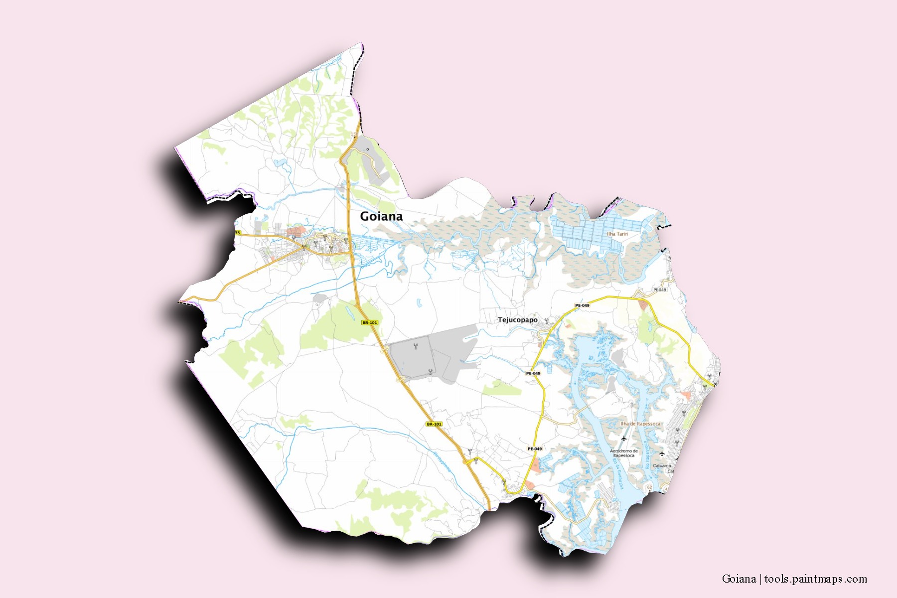 Mapa de barrios y pueblos de Goiana con efecto de sombra 3D