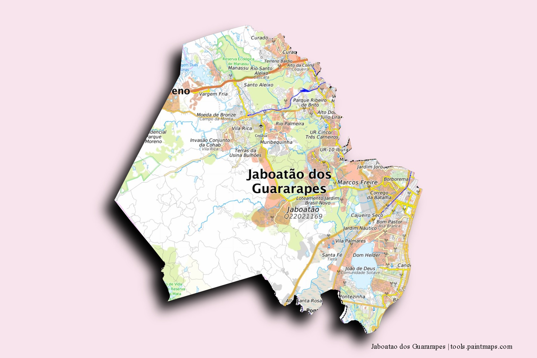 Jaboatao dos Guararapes neighborhoods and villages map with 3D shadow effect