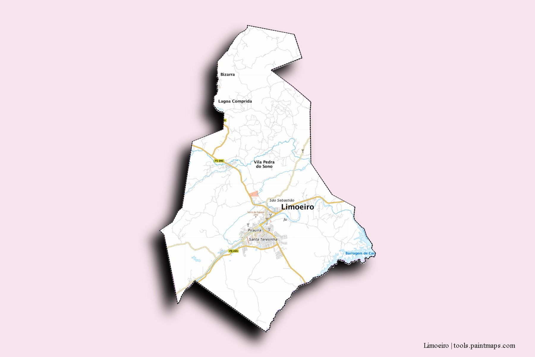 Mapa de barrios y pueblos de Limoeiro con efecto de sombra 3D