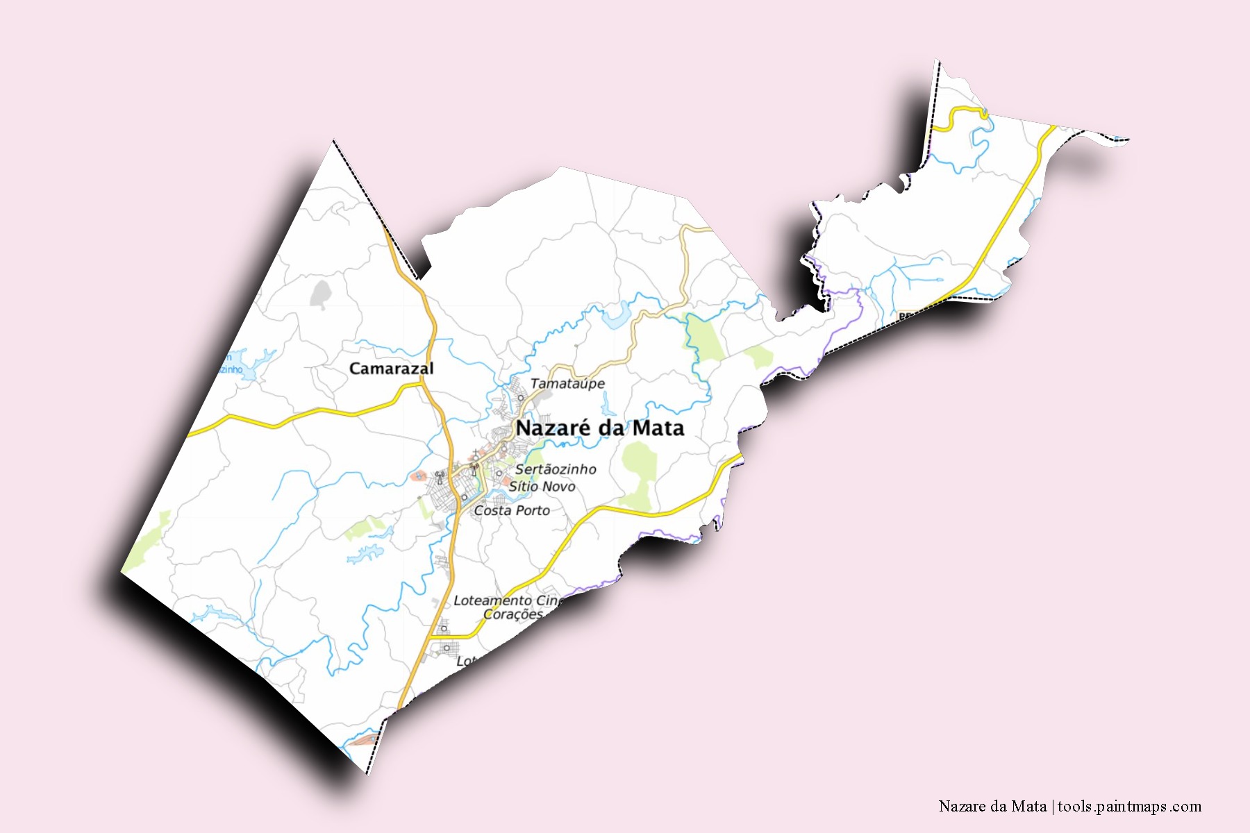 Mapa de barrios y pueblos de Nazare da Mata con efecto de sombra 3D