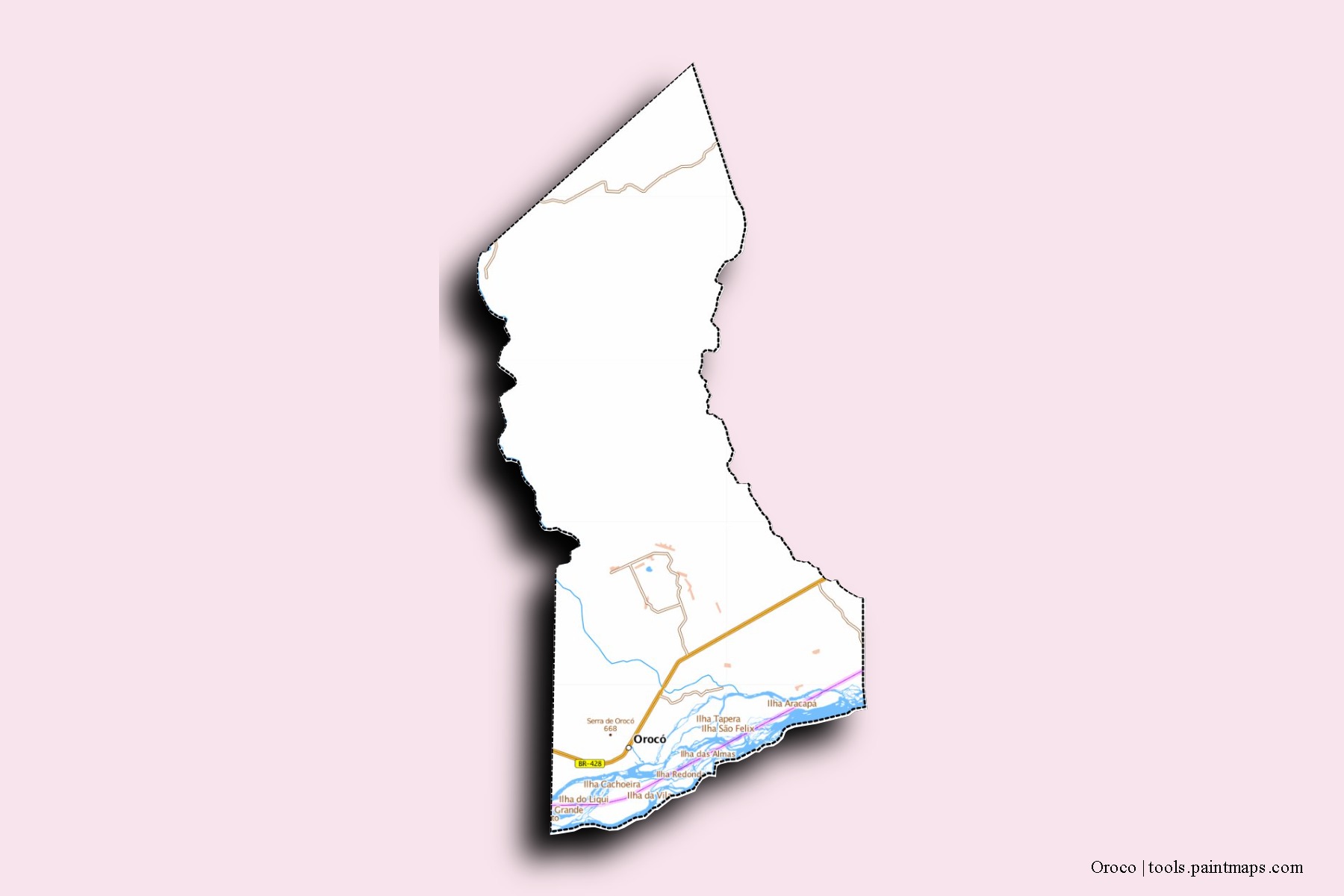 Mapa de barrios y pueblos de Oroco con efecto de sombra 3D