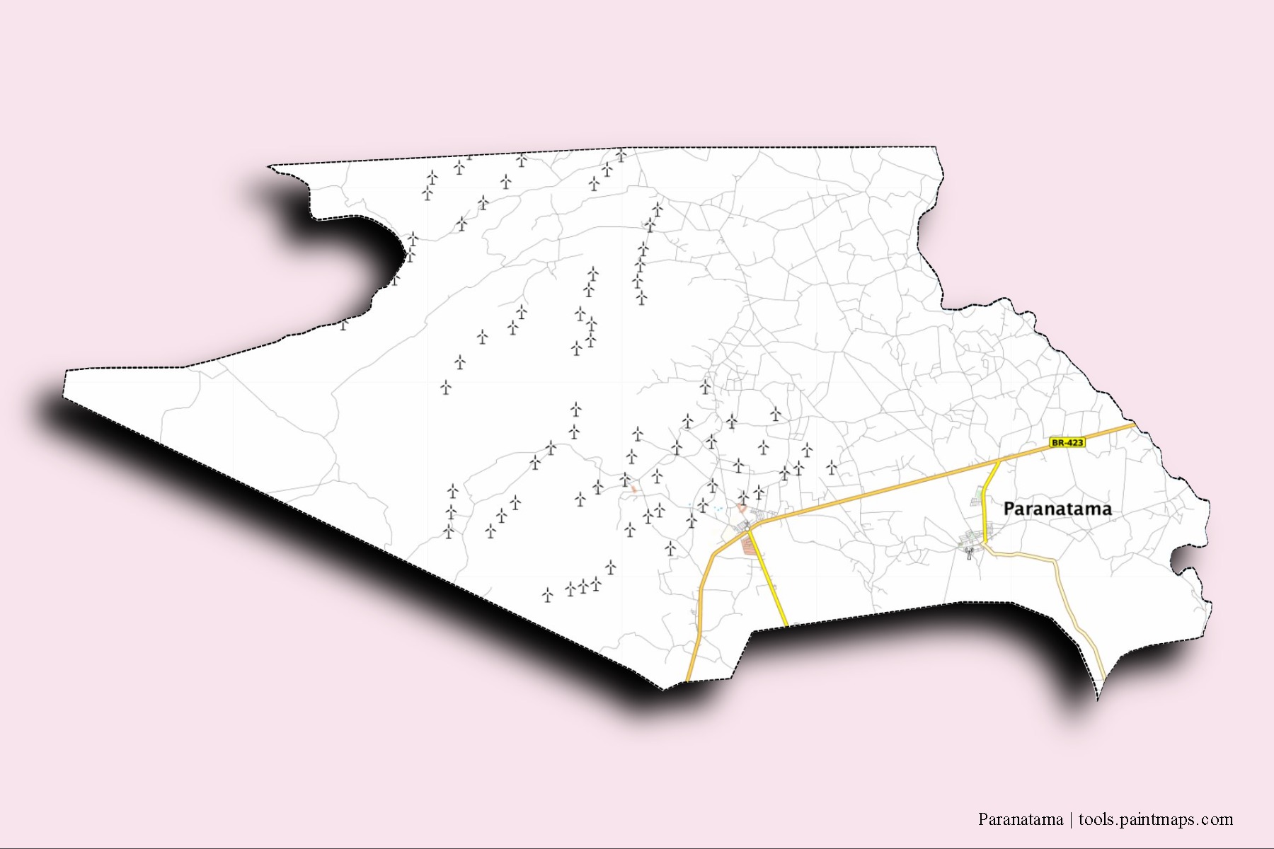 Mapa de barrios y pueblos de Paranatama con efecto de sombra 3D