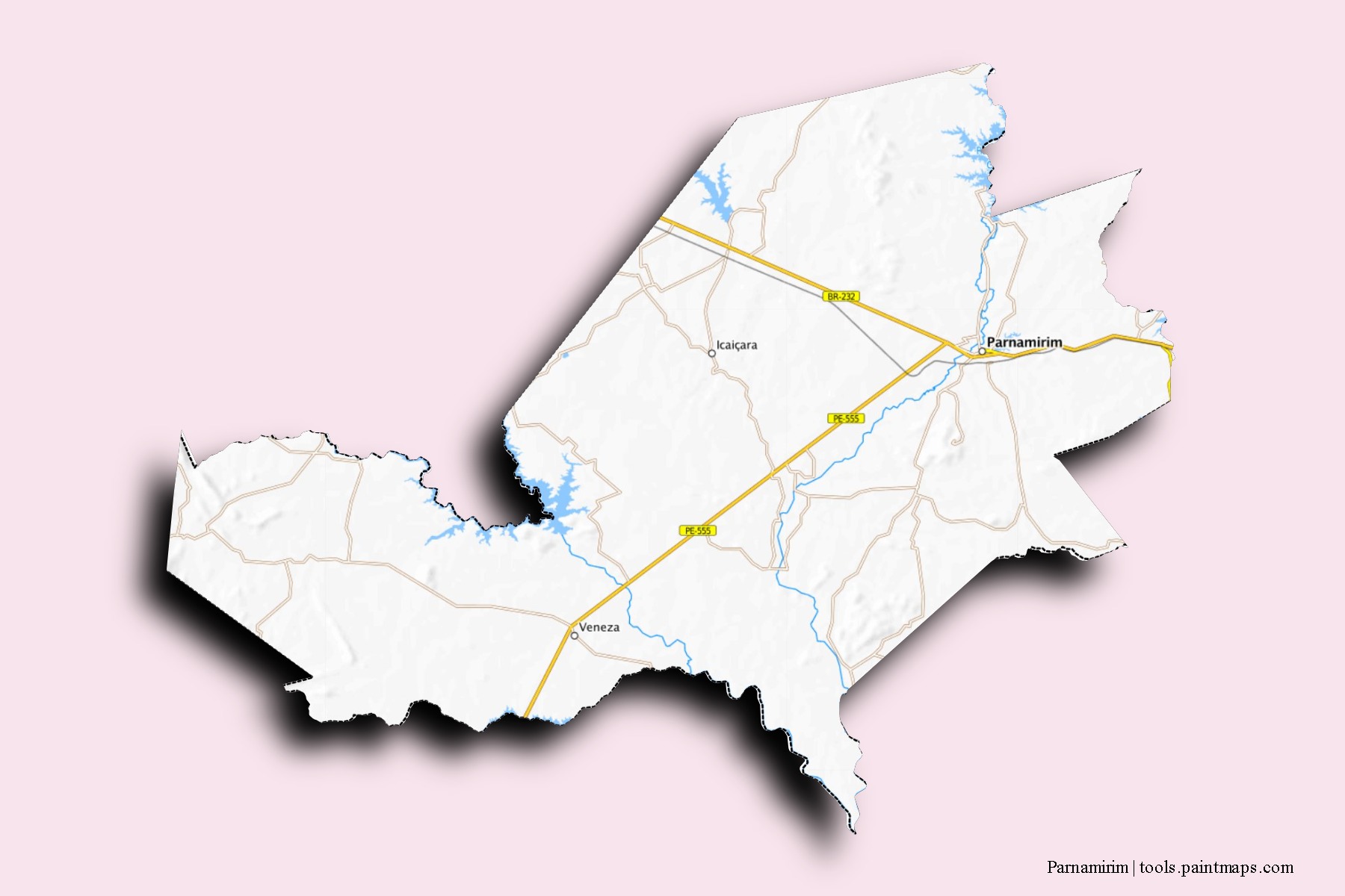 Mapa de barrios y pueblos de Parnamirim con efecto de sombra 3D