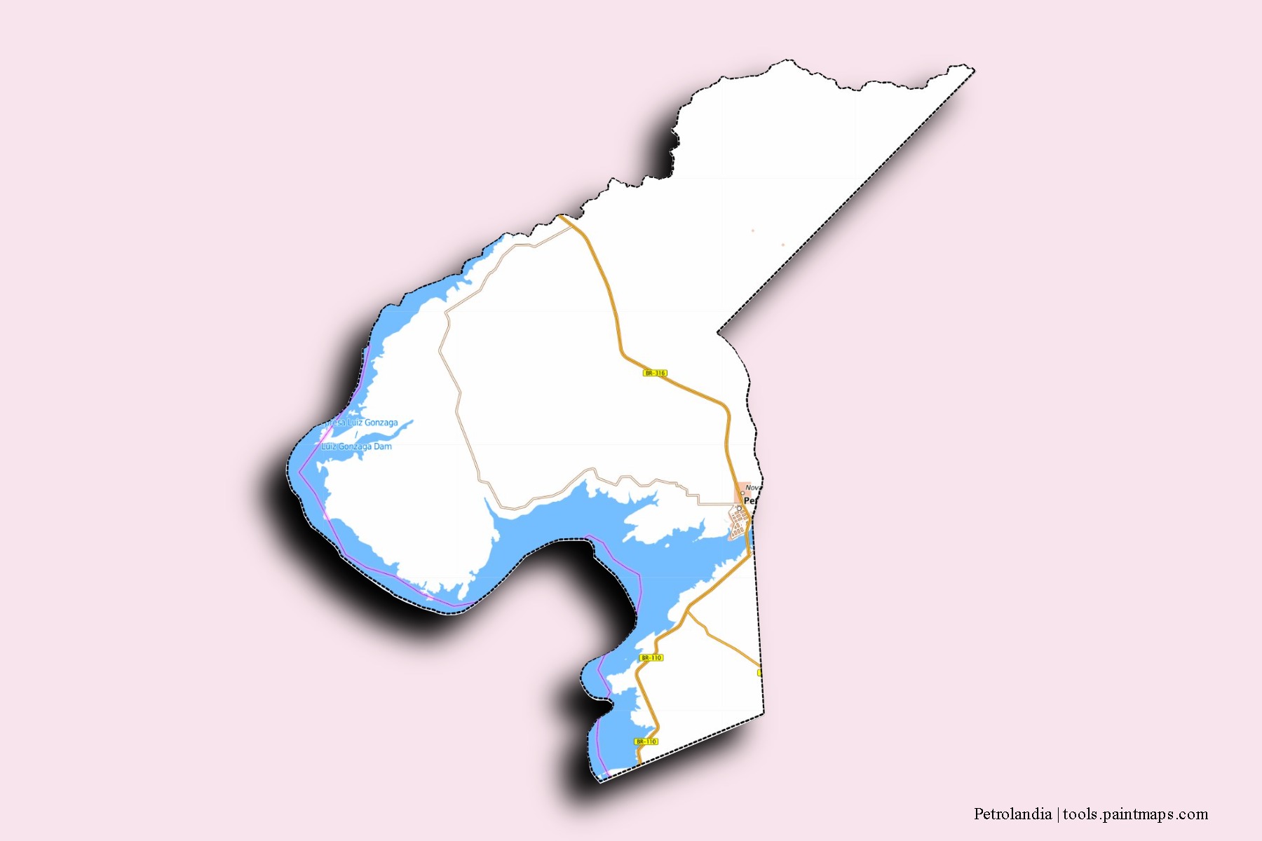 Mapa de barrios y pueblos de Petrolandia con efecto de sombra 3D