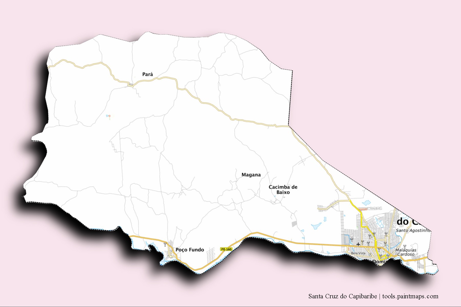 Santa Cruz do Capibaribe neighborhoods and villages map with 3D shadow effect