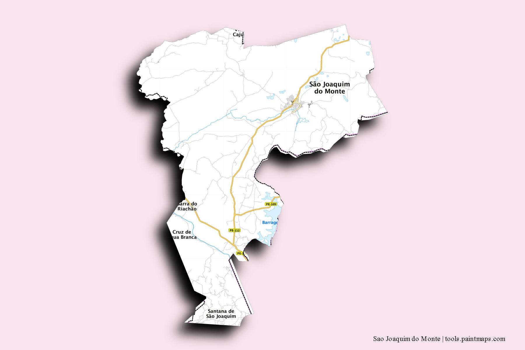 Mapa de barrios y pueblos de Sao Joaquim do Monte con efecto de sombra 3D