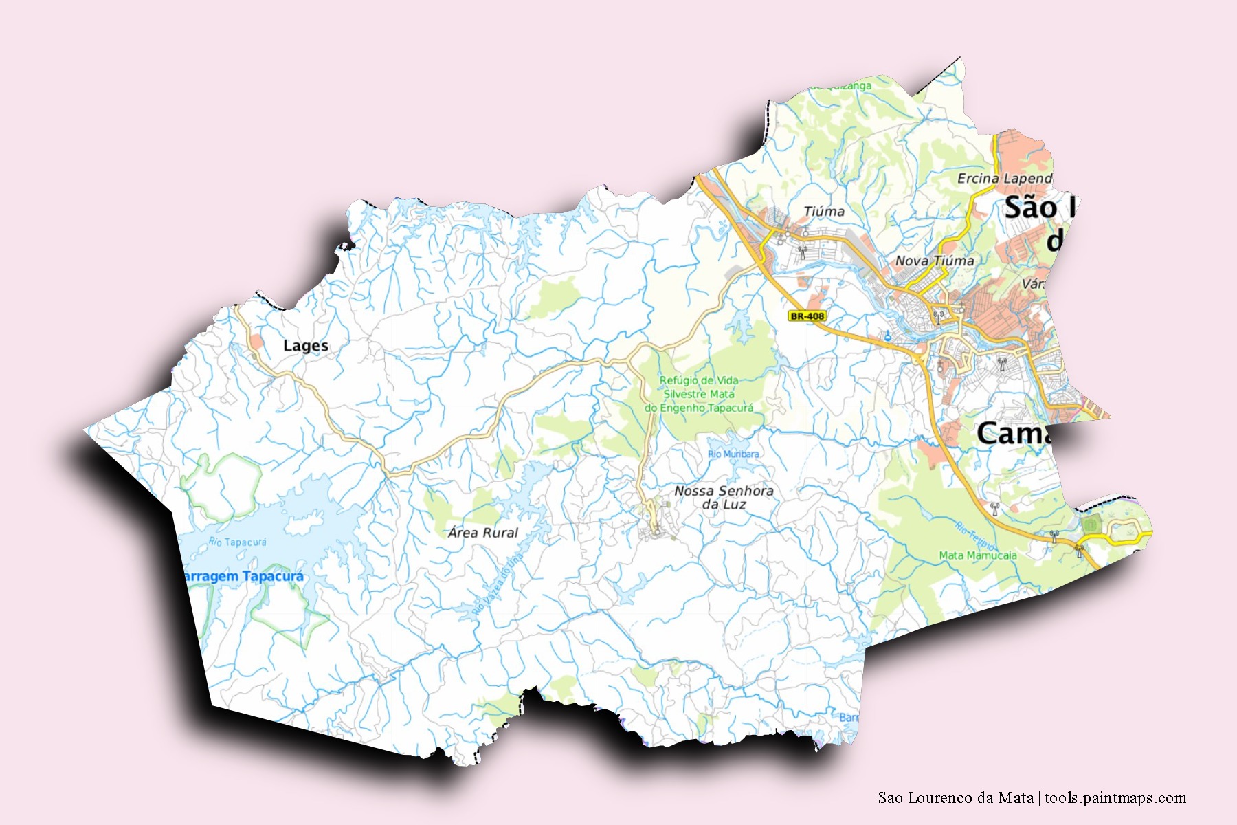 3D gölge efektli Sao Lourenco da Mata mahalleleri ve köyleri haritası