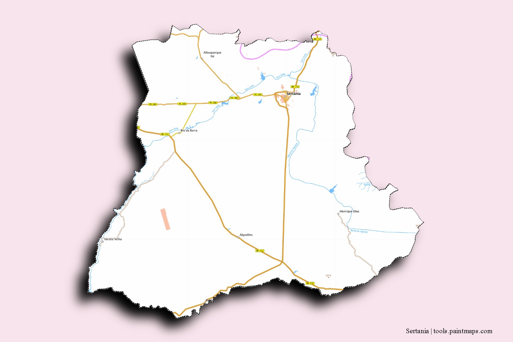 Sertania neighborhoods and villages map with 3D shadow effect