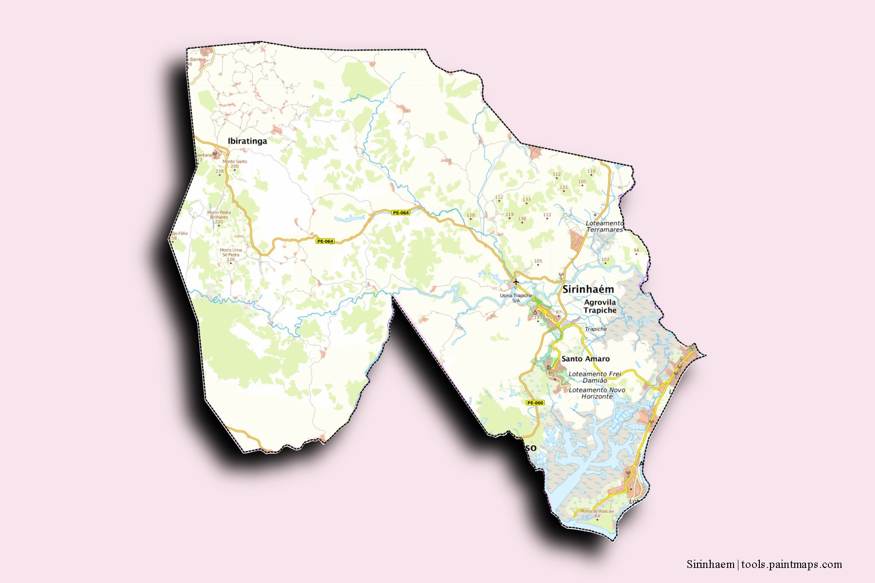 Mapa de barrios y pueblos de Sirinhaem con efecto de sombra 3D