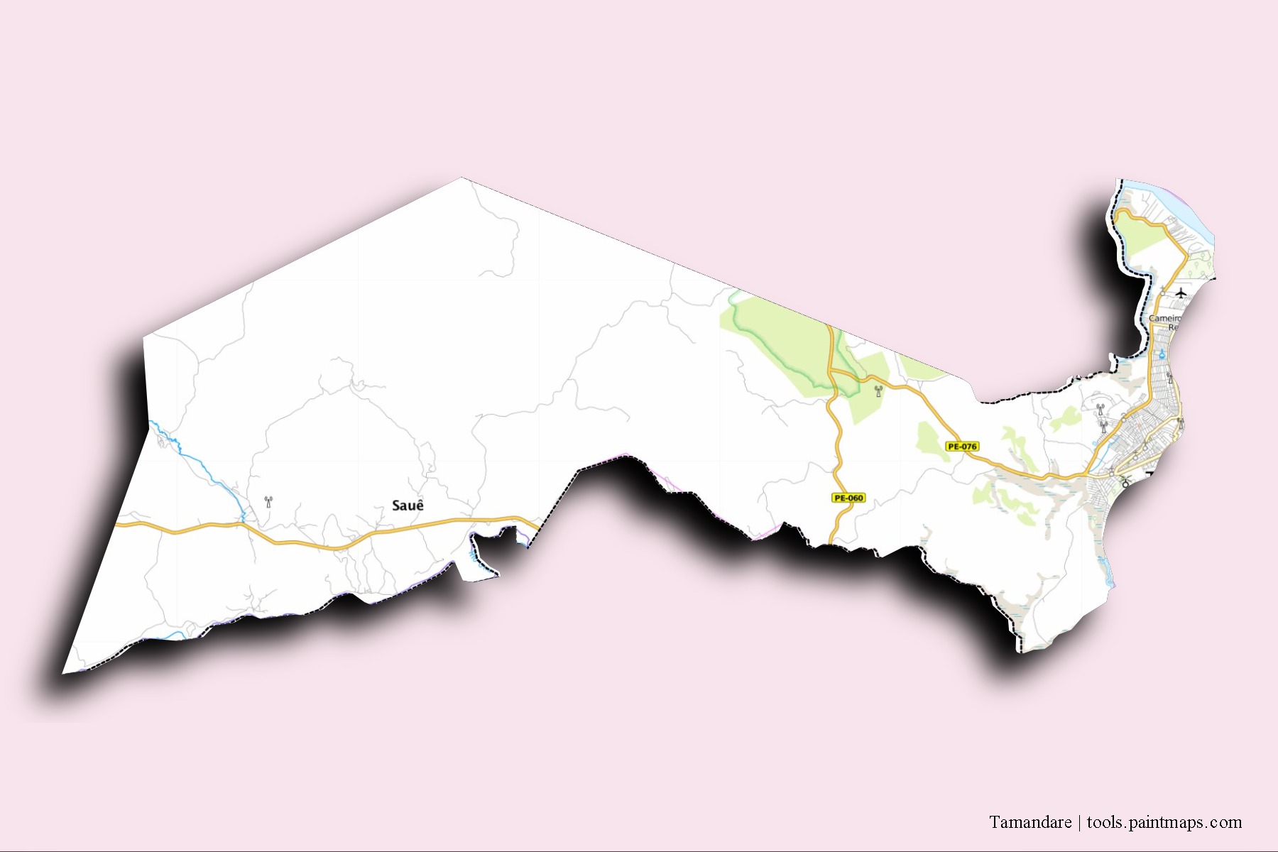 Mapa de barrios y pueblos de Tamandare con efecto de sombra 3D