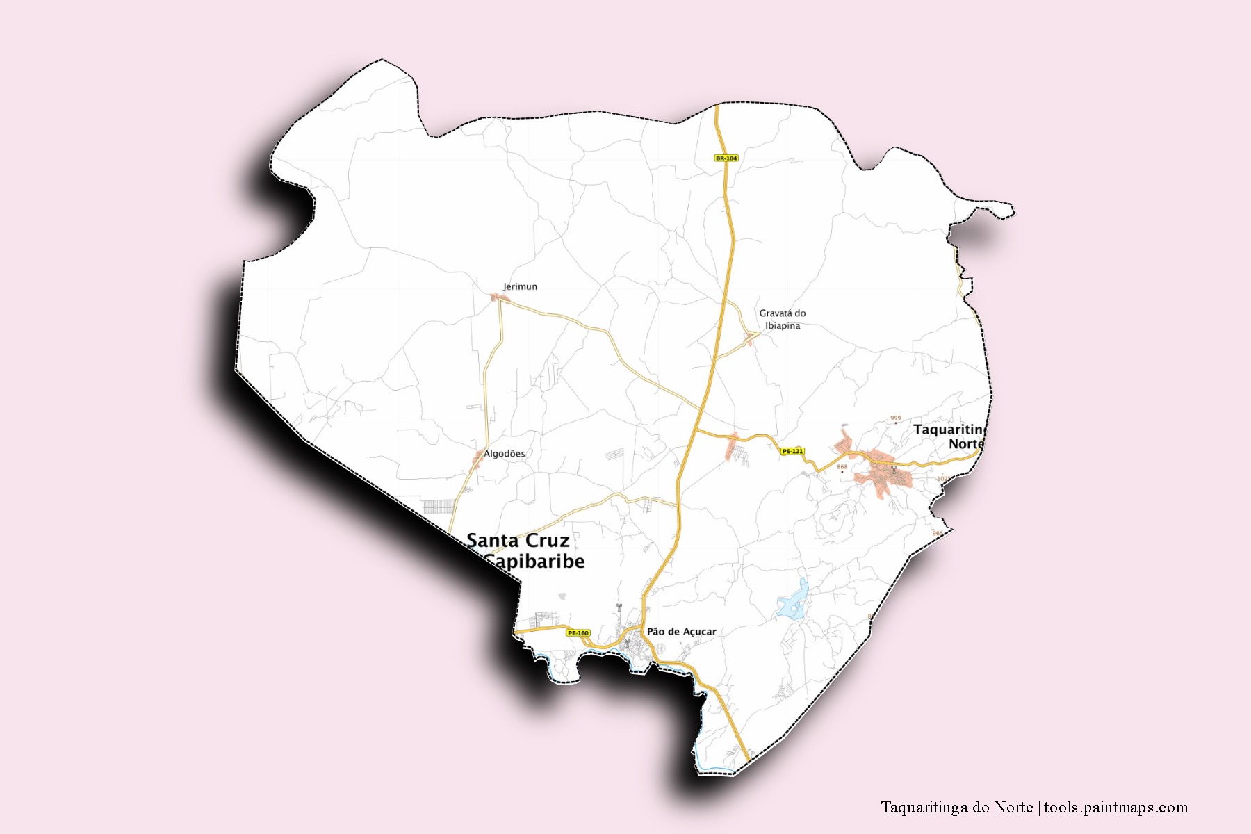 Mapa de barrios y pueblos de Taquaritinga do Norte con efecto de sombra 3D