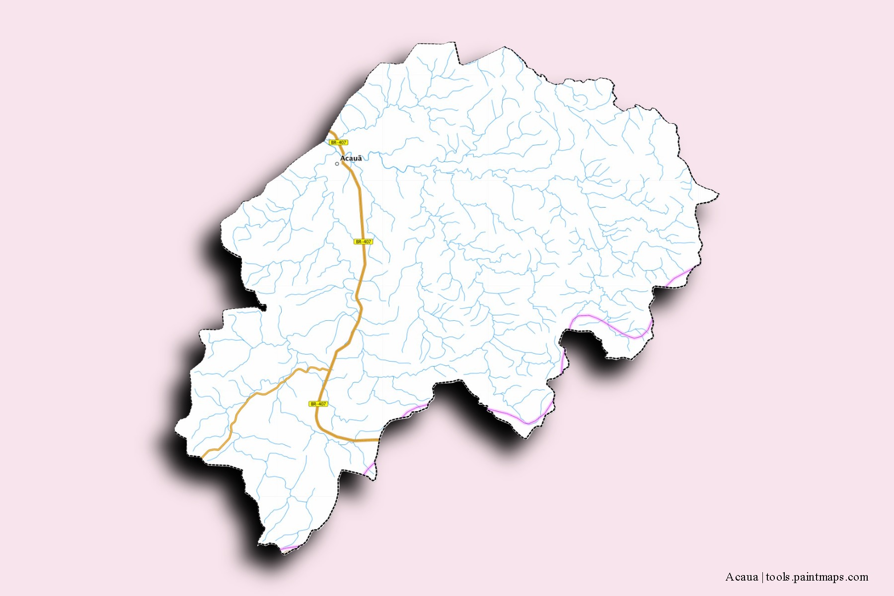 Mapa de barrios y pueblos de Acaua con efecto de sombra 3D