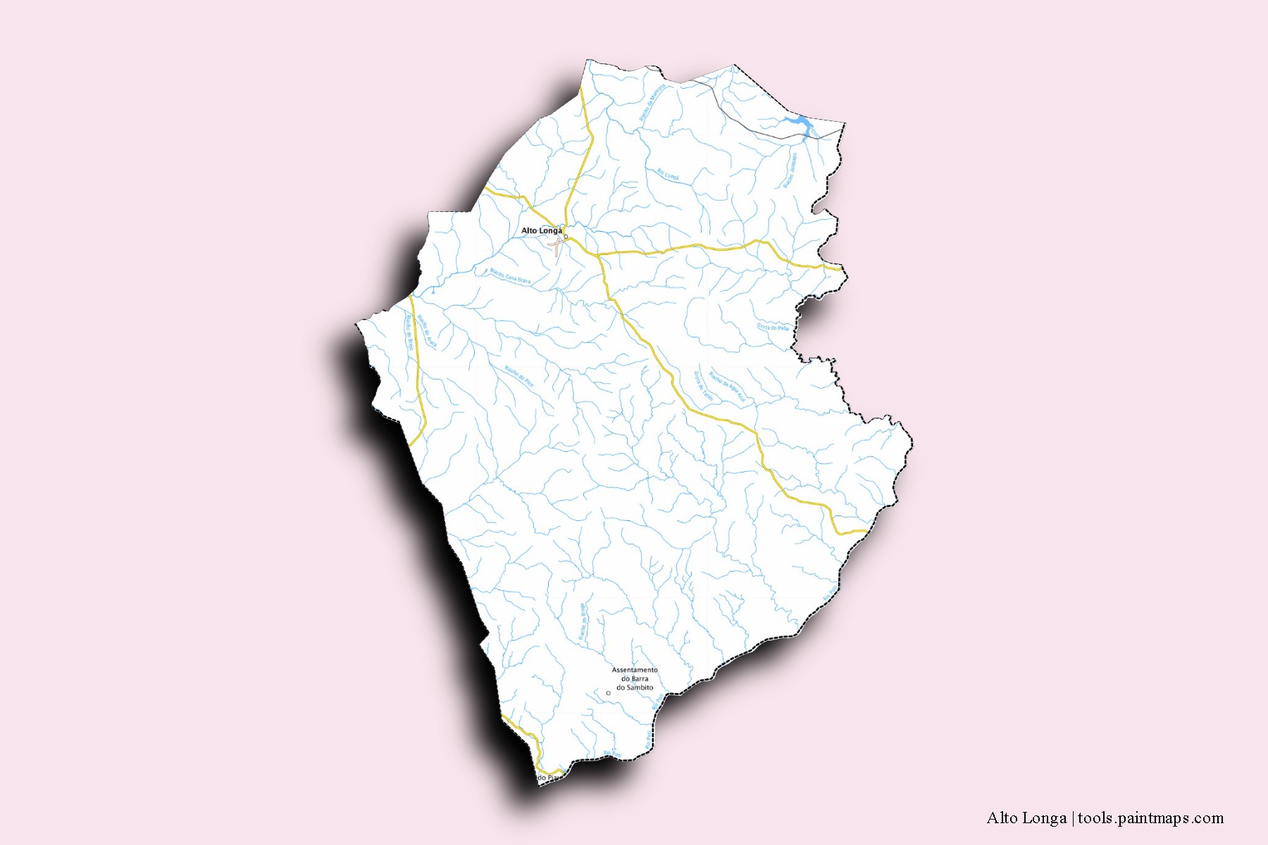 Mapa de barrios y pueblos de Alto Longa con efecto de sombra 3D