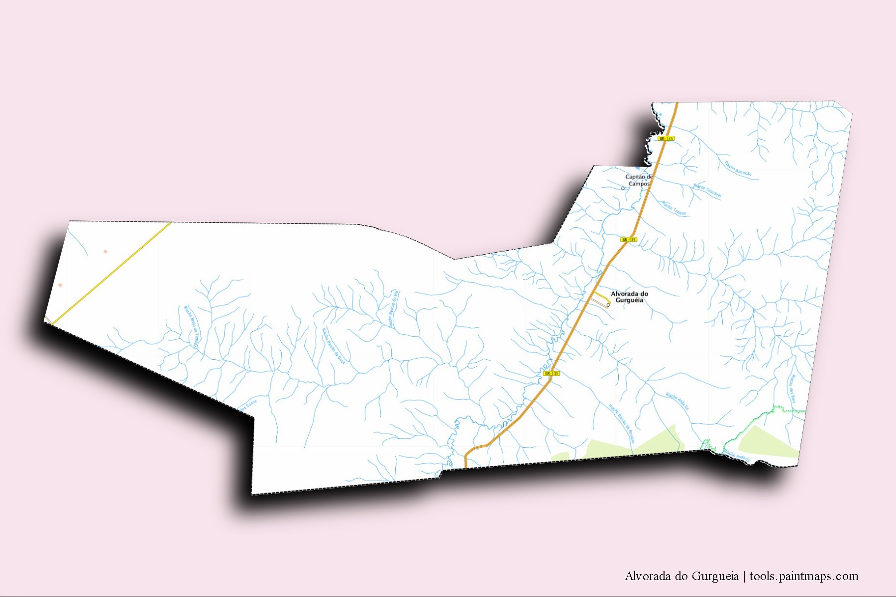 Alvorada do Gurgueia neighborhoods and villages map with 3D shadow effect