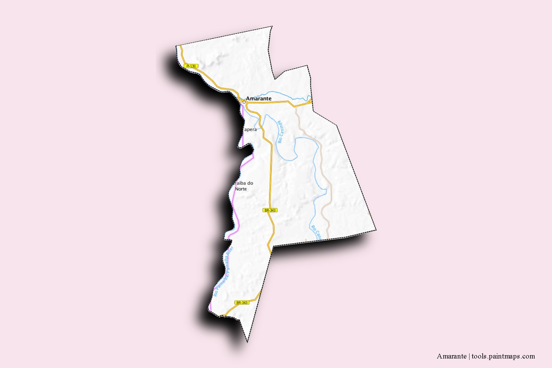 Mapa de barrios y pueblos de Amarante con efecto de sombra 3D