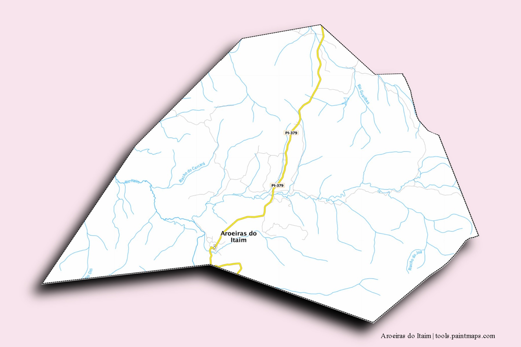 Mapa de barrios y pueblos de Aroeiras do Itaim con efecto de sombra 3D