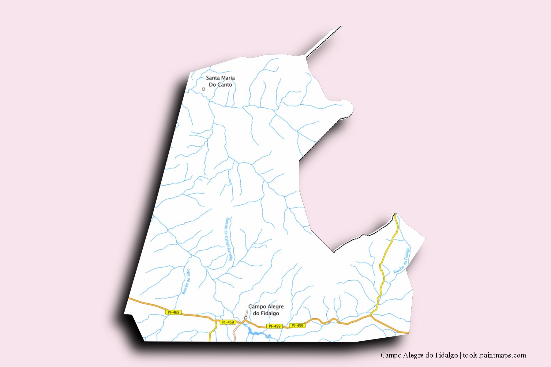 Mapa de barrios y pueblos de Campo Alegre do Fidalgo con efecto de sombra 3D