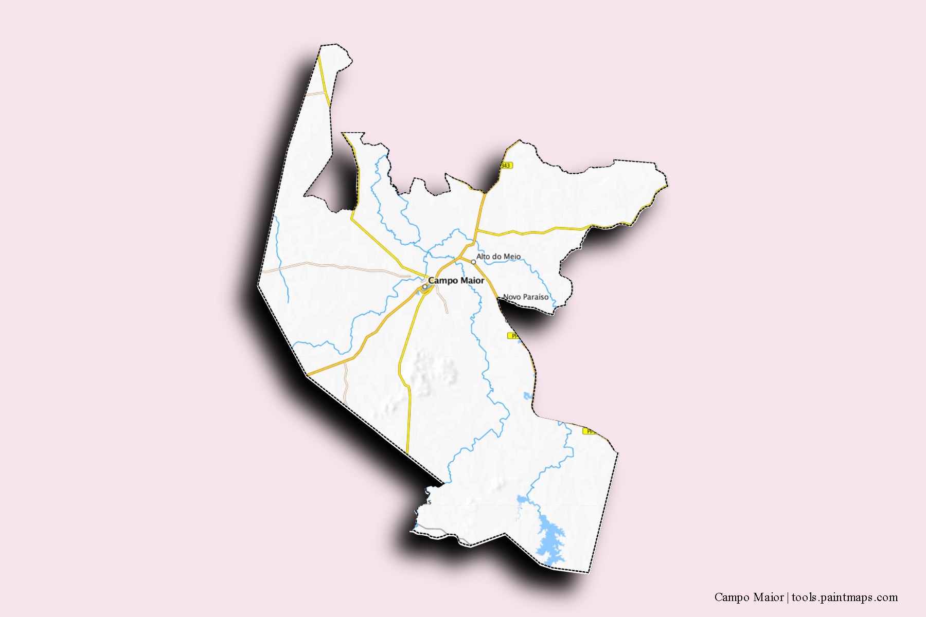 Mapa de barrios y pueblos de Campo Maior con efecto de sombra 3D