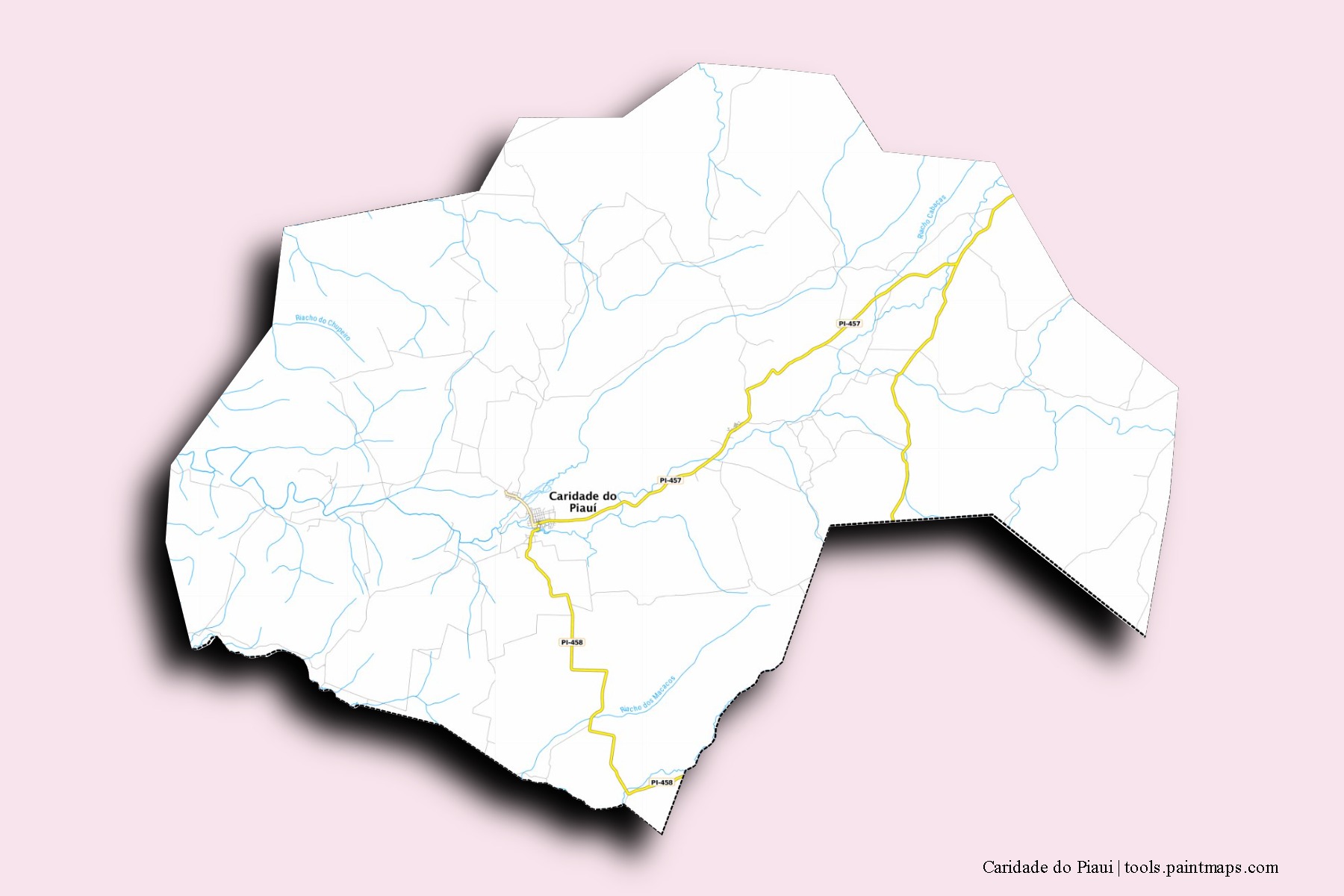 Mapa de barrios y pueblos de Caridade do Piaui con efecto de sombra 3D