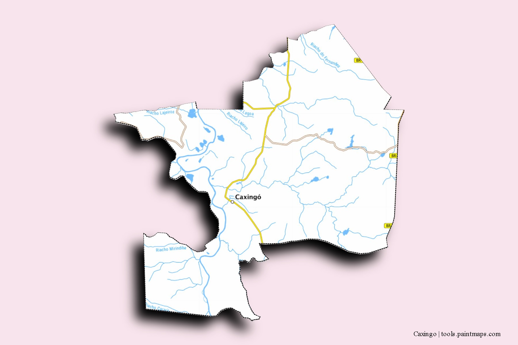 Mapa de barrios y pueblos de Caxingo con efecto de sombra 3D