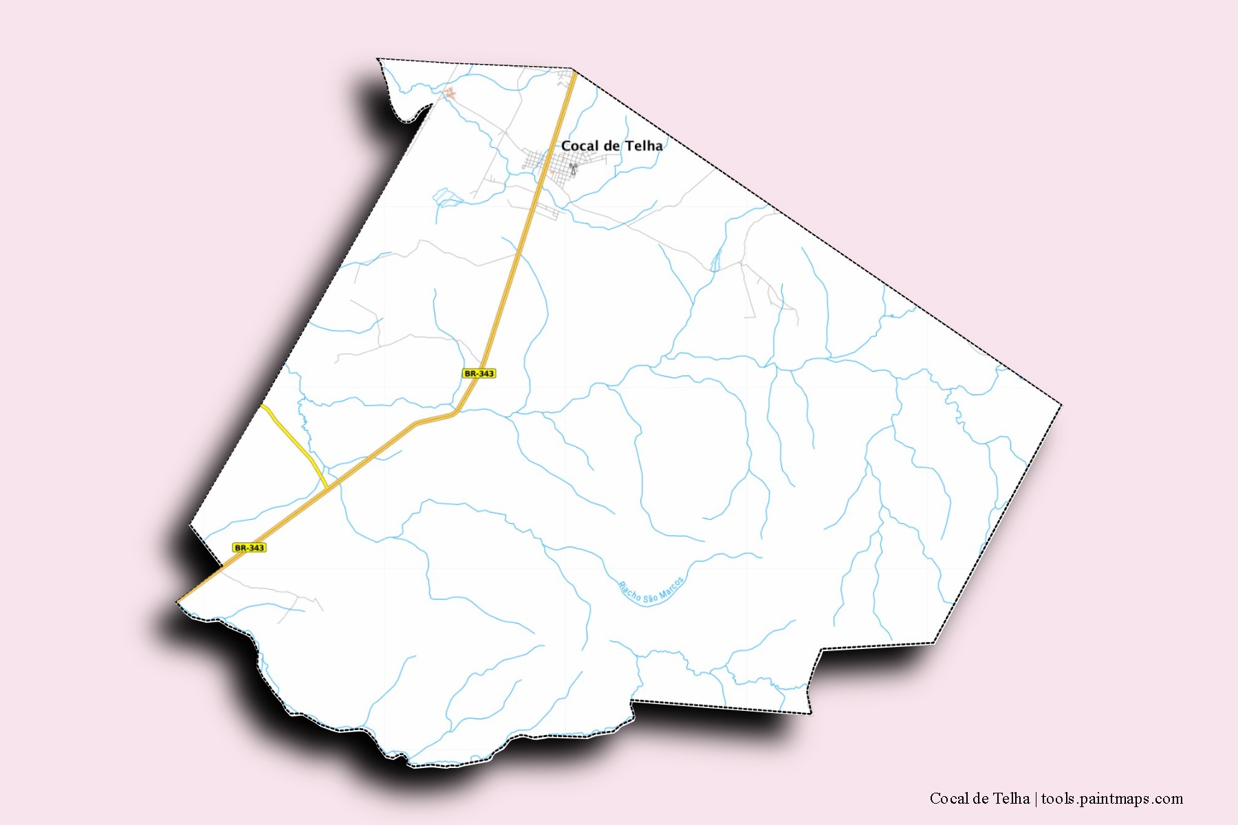 Cocal de Telha neighborhoods and villages map with 3D shadow effect