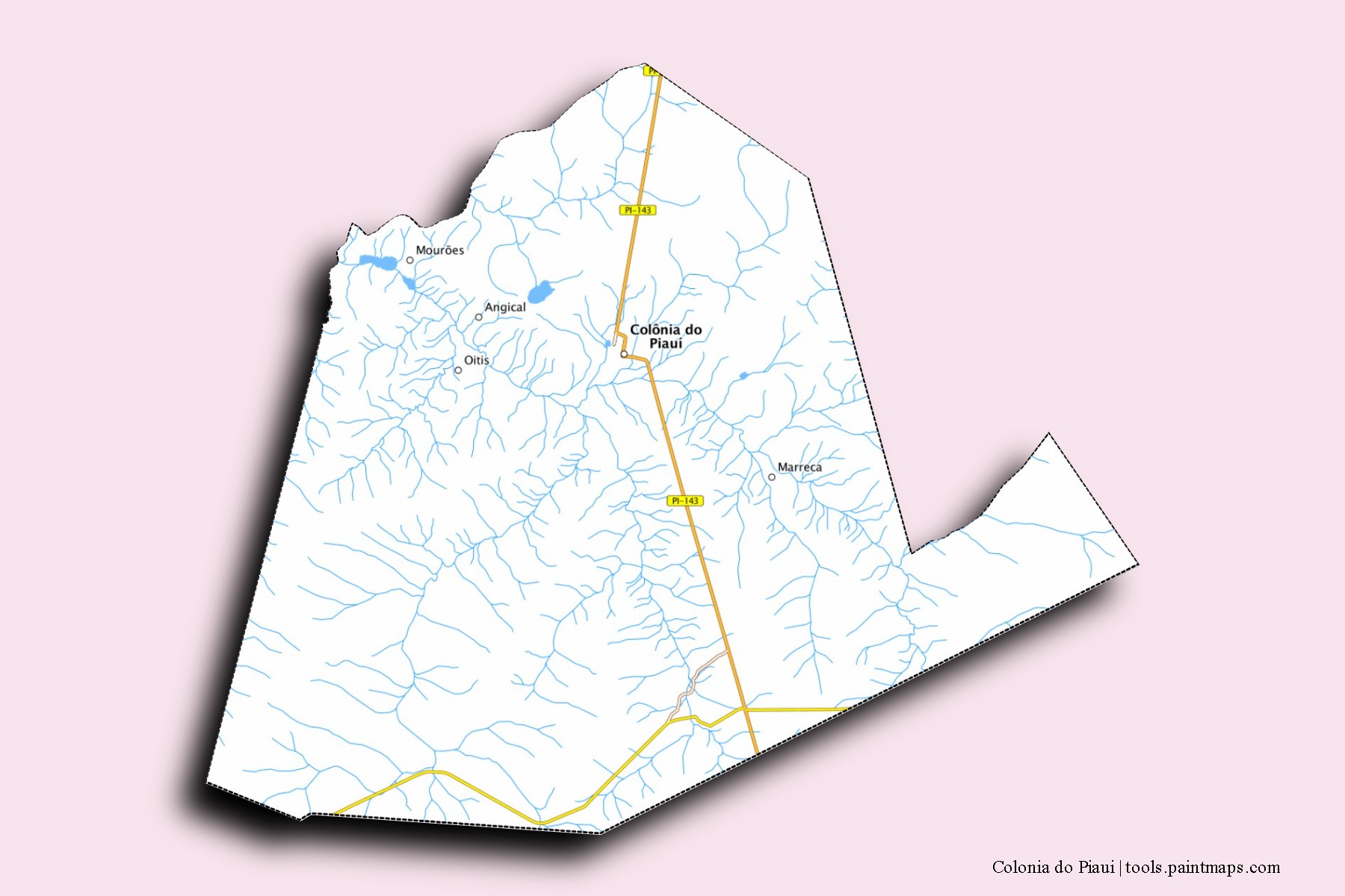 Mapa de barrios y pueblos de Colonia do Piaui con efecto de sombra 3D