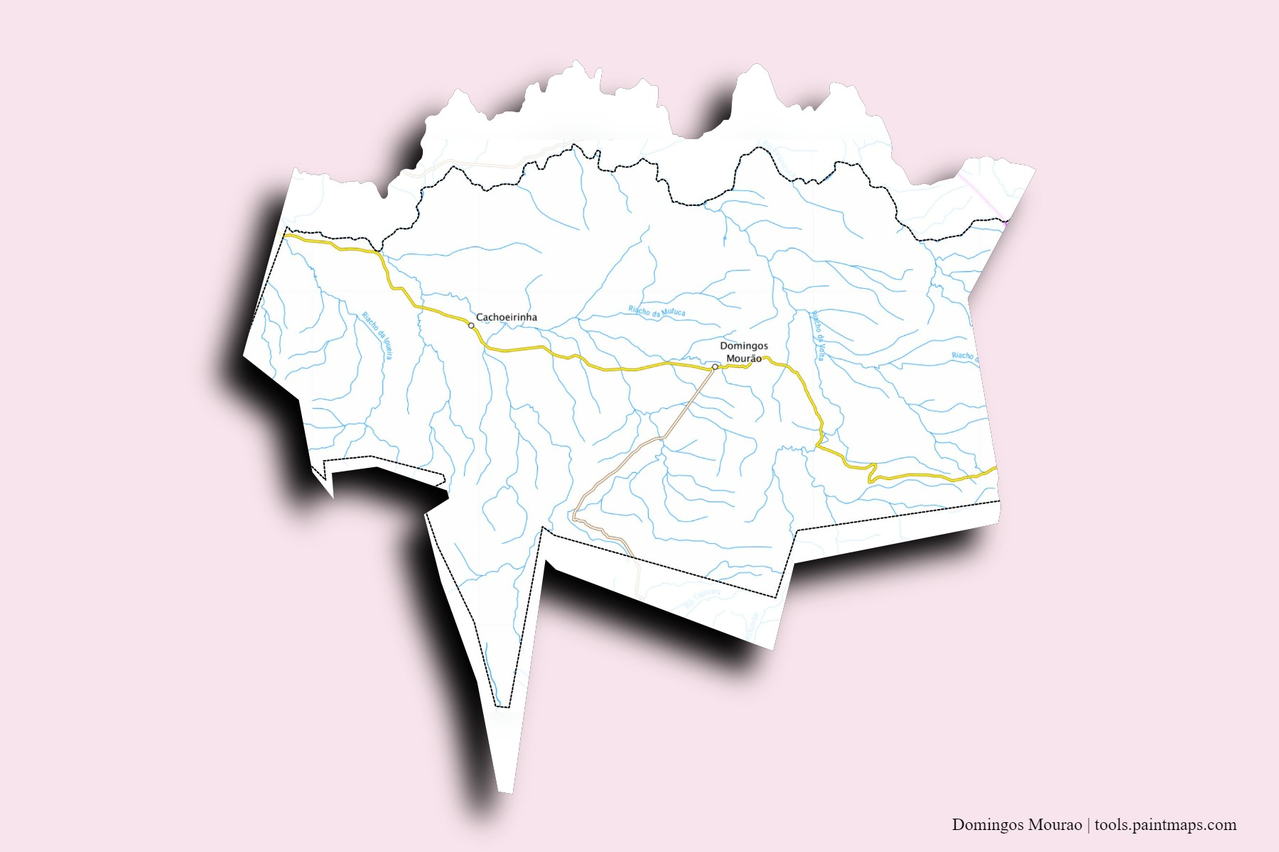 Mapa de barrios y pueblos de Domingos Mourao con efecto de sombra 3D