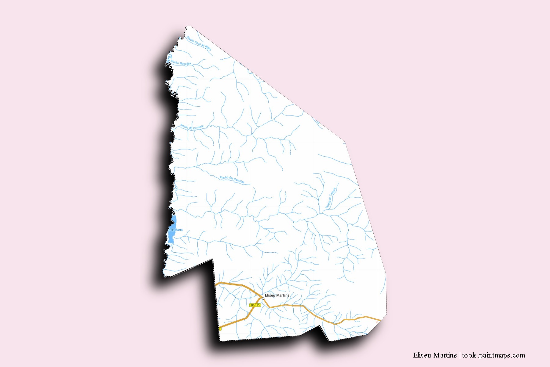 Mapa de barrios y pueblos de Eliseu Martins con efecto de sombra 3D