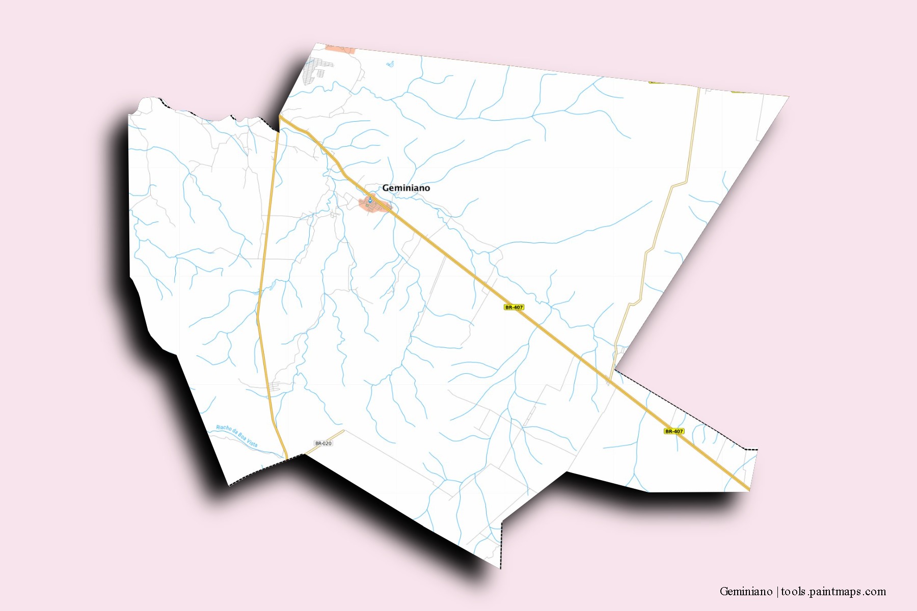 Mapa de barrios y pueblos de Geminiano con efecto de sombra 3D