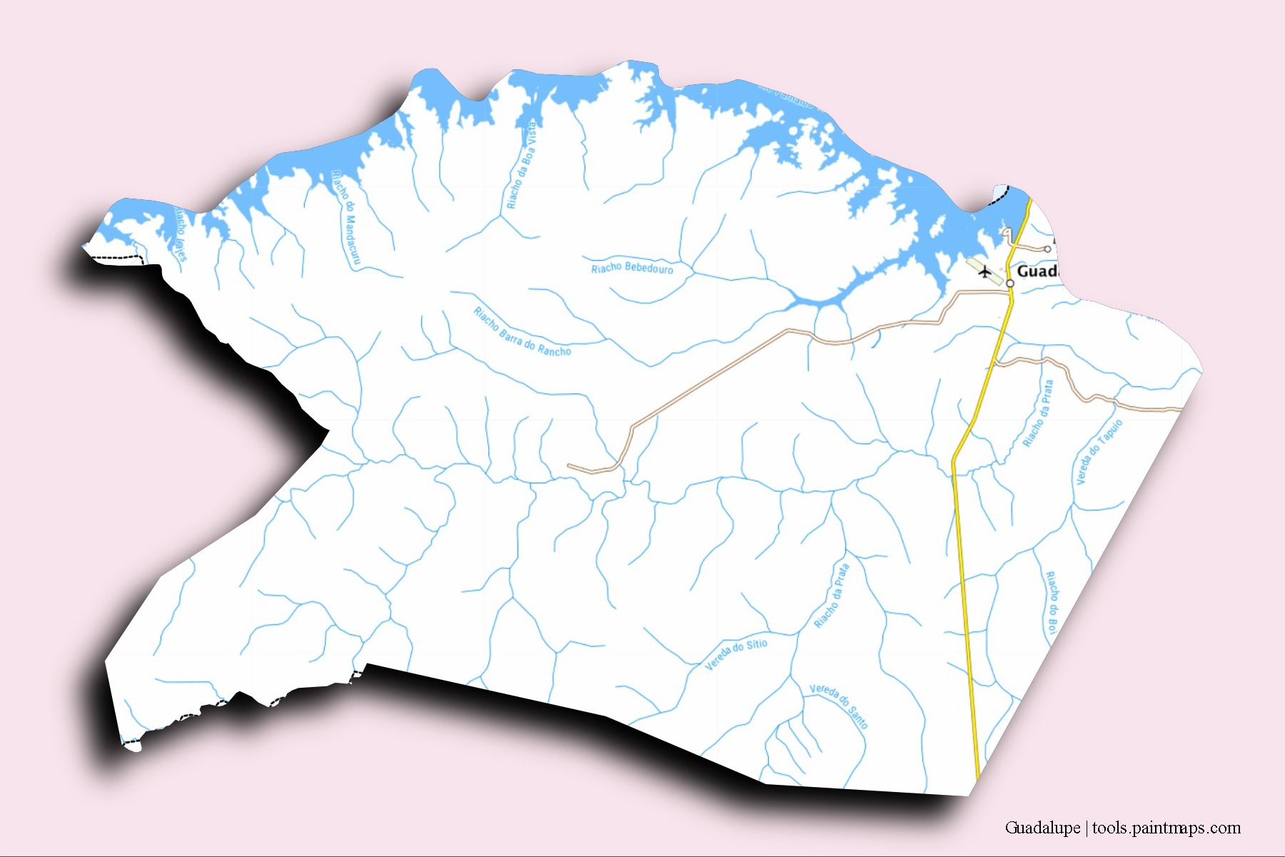 Mapa de barrios y pueblos de Guadalupe con efecto de sombra 3D