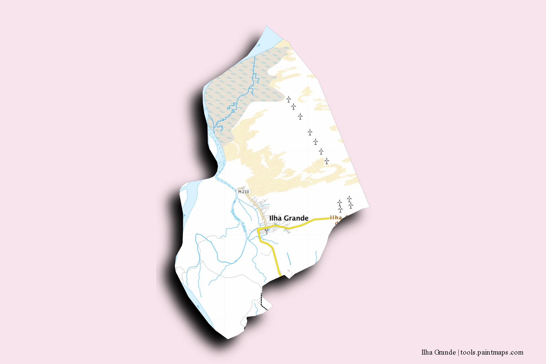 Mapa de barrios y pueblos de Ilha Grande con efecto de sombra 3D