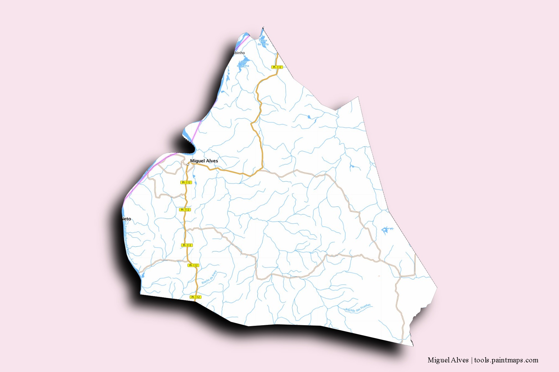 Mapa de barrios y pueblos de Miguel Alves con efecto de sombra 3D