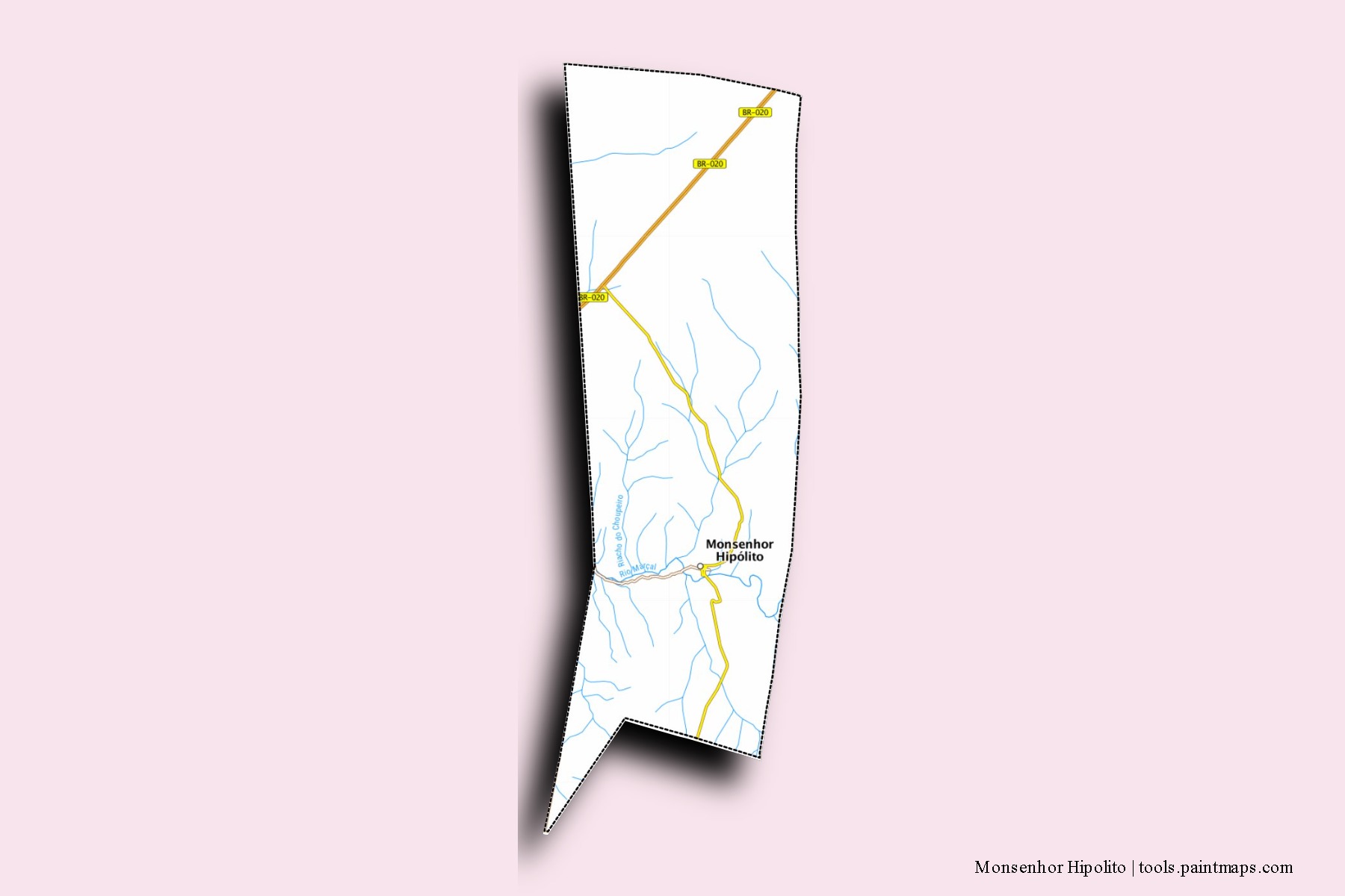 Mapa de barrios y pueblos de Monsenhor Hipolito con efecto de sombra 3D