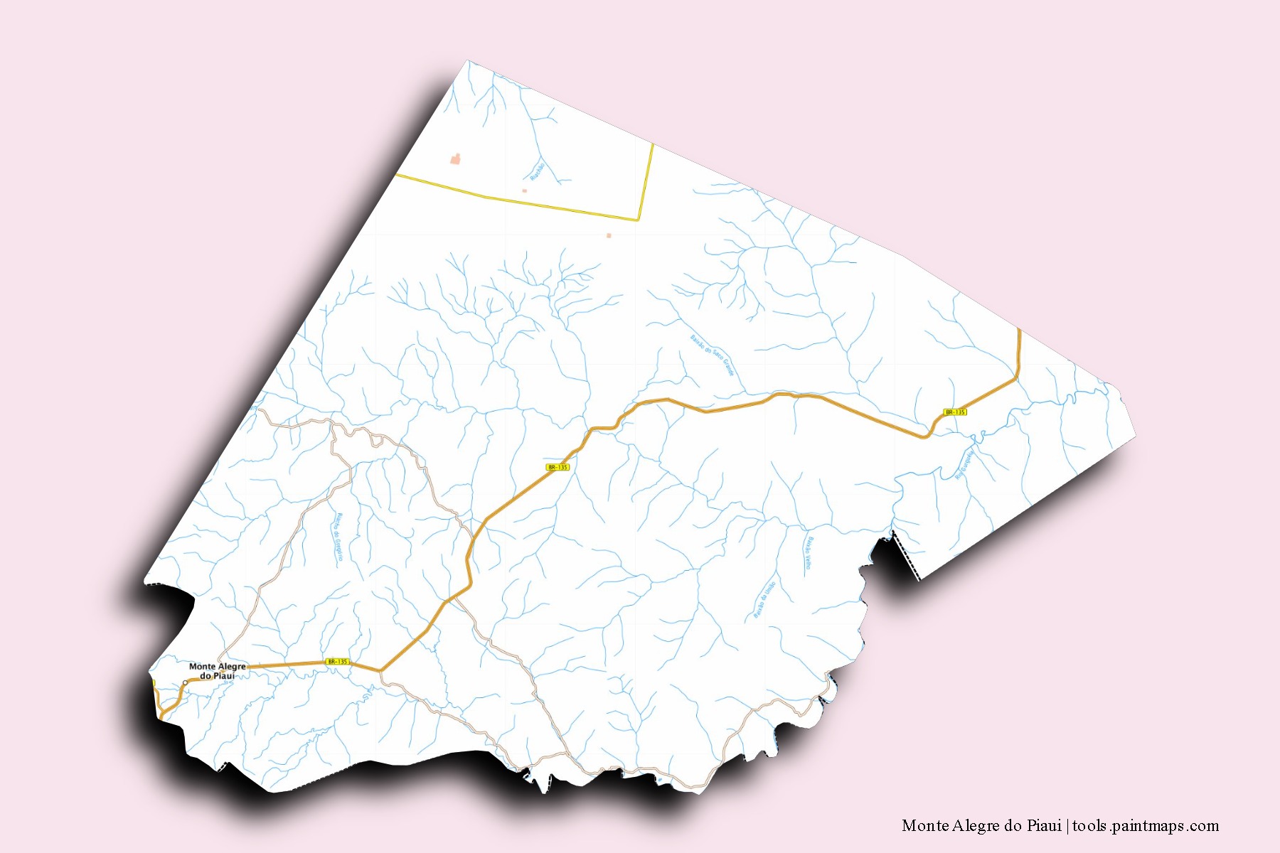 Mapa de barrios y pueblos de Monte Alegre do Piaui con efecto de sombra 3D