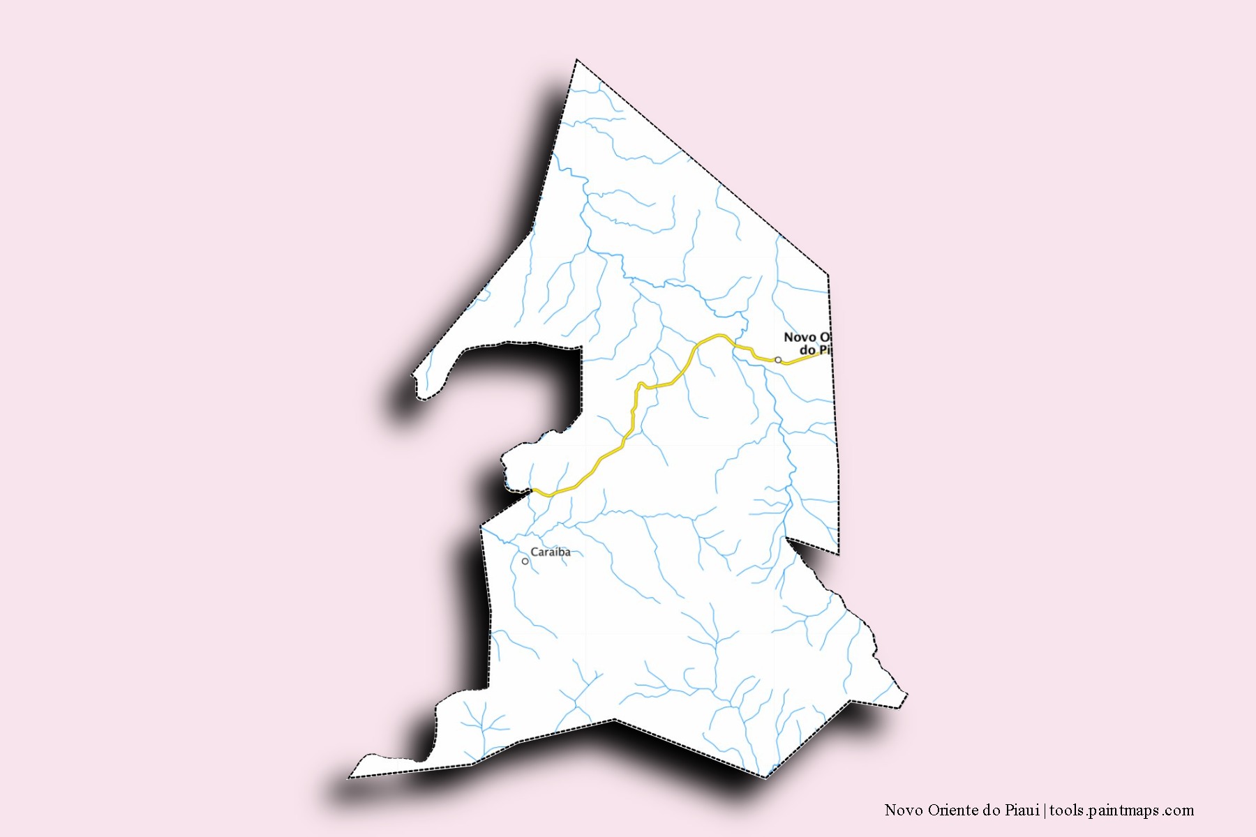 Mapa de barrios y pueblos de Novo Oriente do Piaui con efecto de sombra 3D