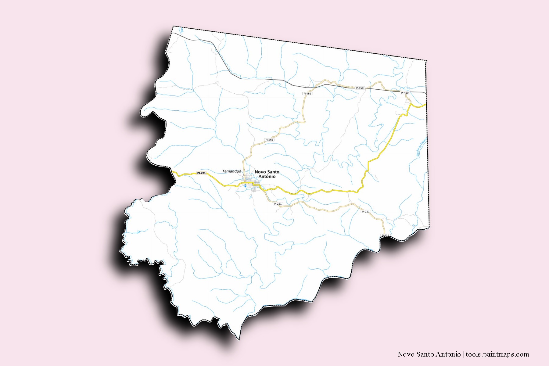 Mapa de barrios y pueblos de Novo Santo Antonio con efecto de sombra 3D