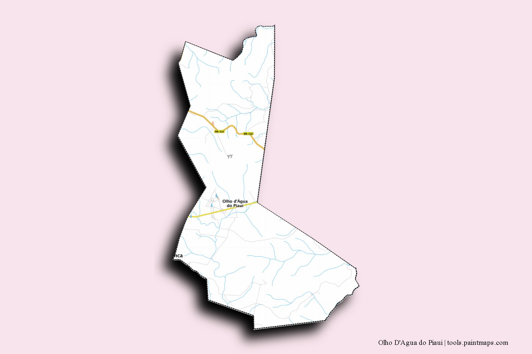 Mapa de barrios y pueblos de Olho D'Agua do Piaui con efecto de sombra 3D