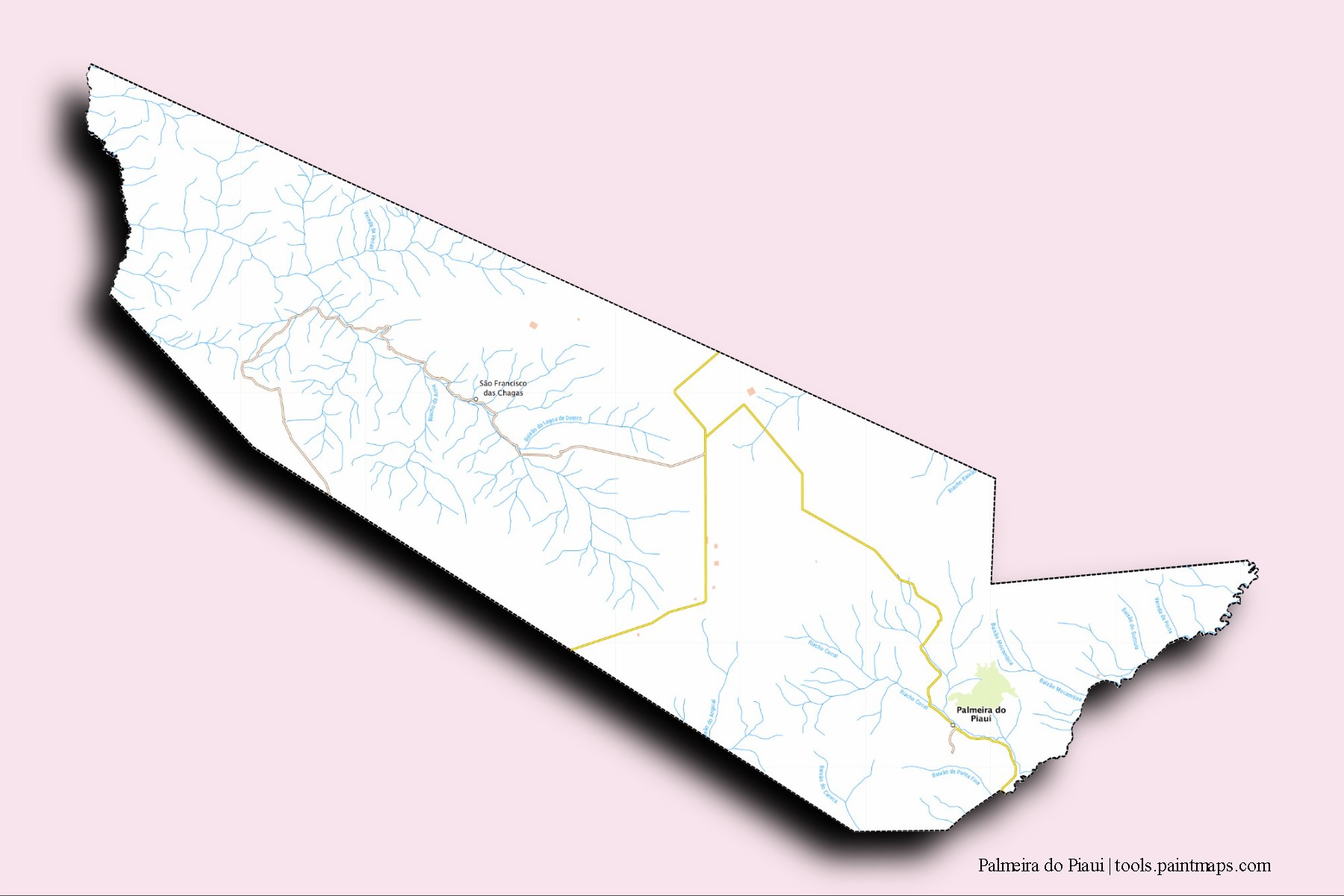 Mapa de barrios y pueblos de Palmeira do Piaui con efecto de sombra 3D