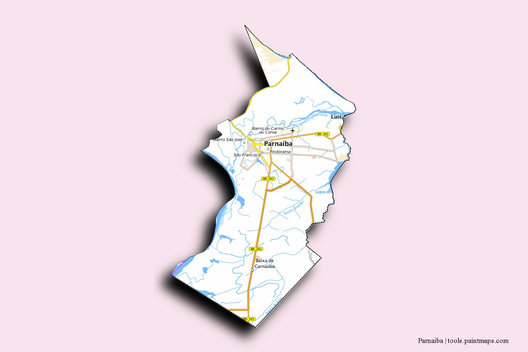 Mapa de barrios y pueblos de Parnaiba con efecto de sombra 3D