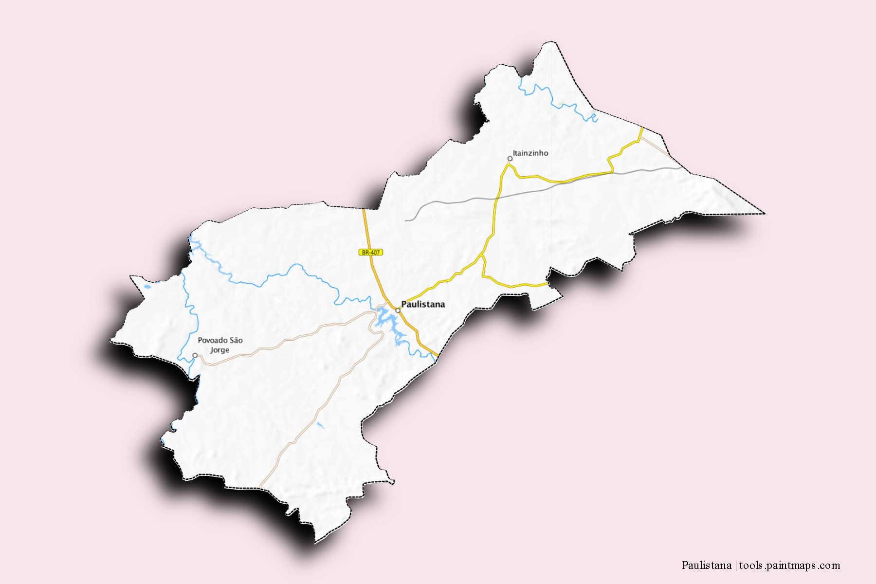 Mapa de barrios y pueblos de Paulistana con efecto de sombra 3D