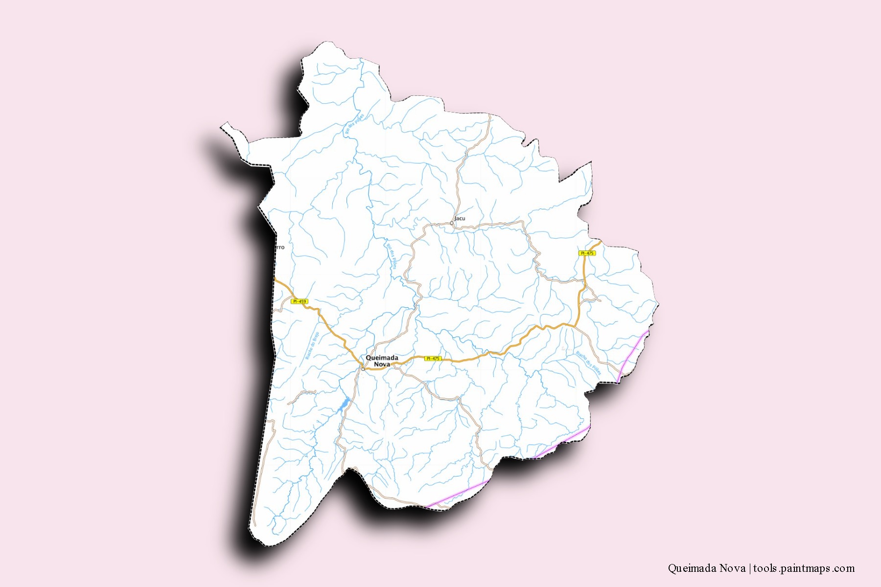 Mapa de barrios y pueblos de Queimada Nova con efecto de sombra 3D