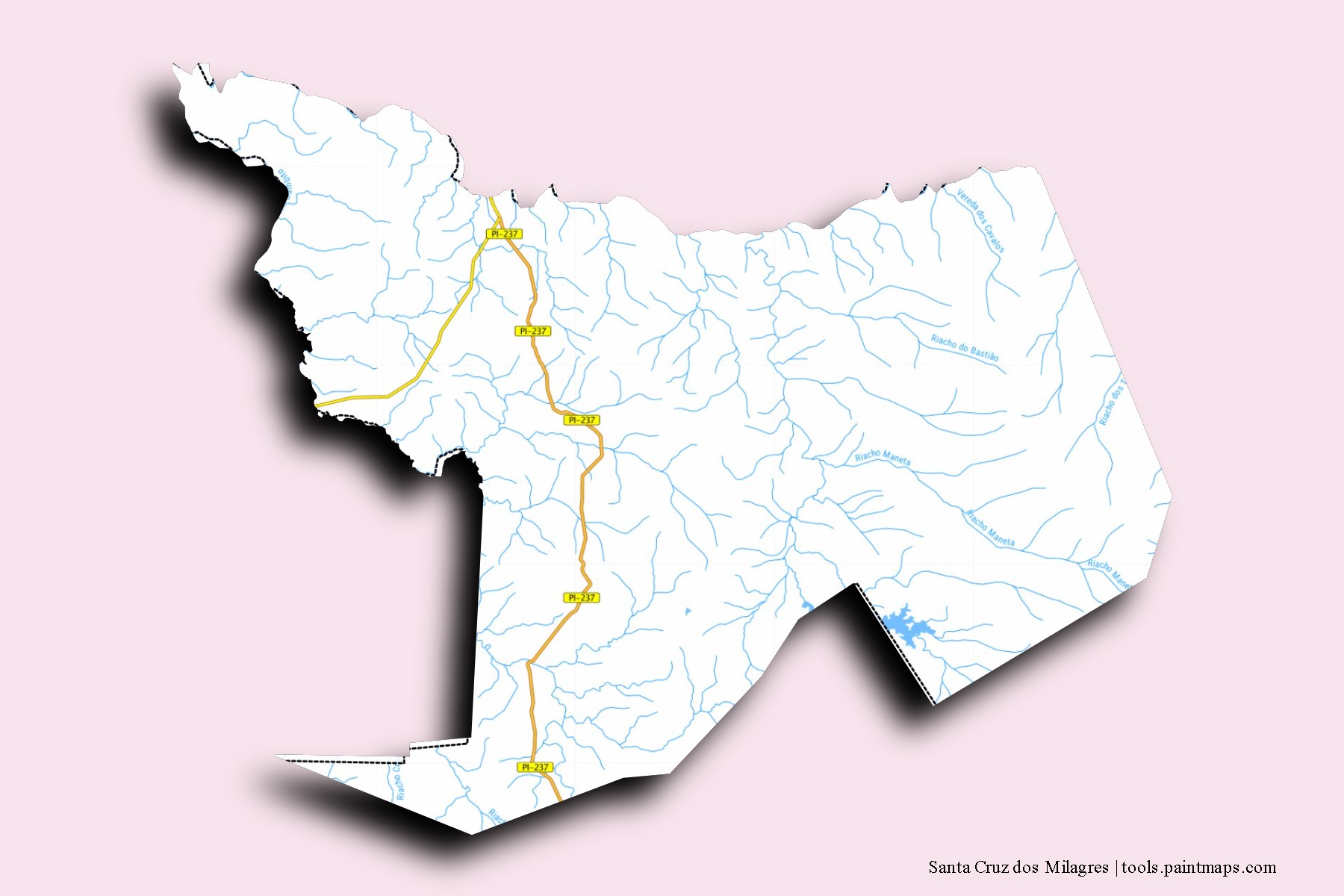 Mapa de barrios y pueblos de Santa Cruz dos Milagres con efecto de sombra 3D