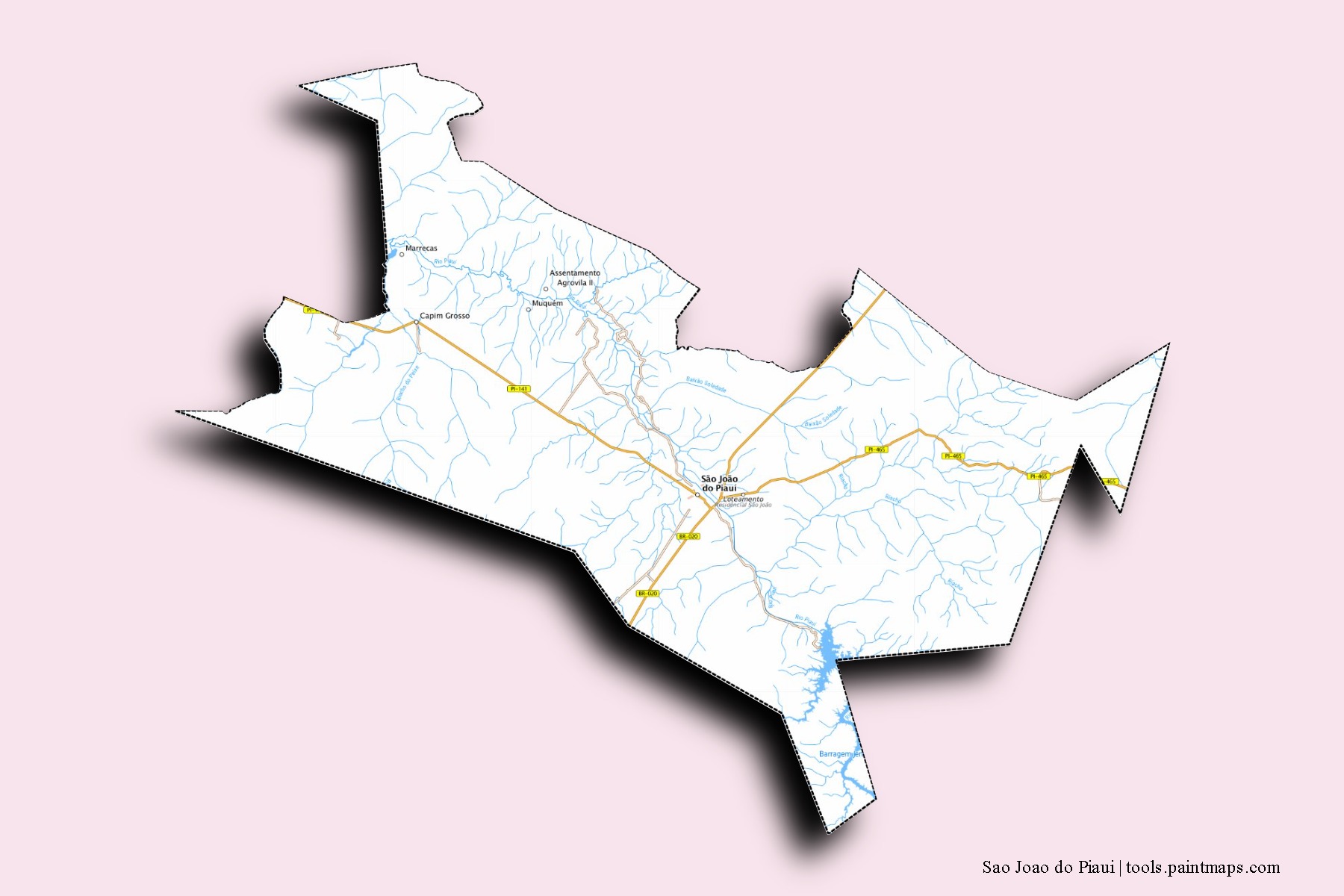 Sao Joao do Piaui neighborhoods and villages map with 3D shadow effect