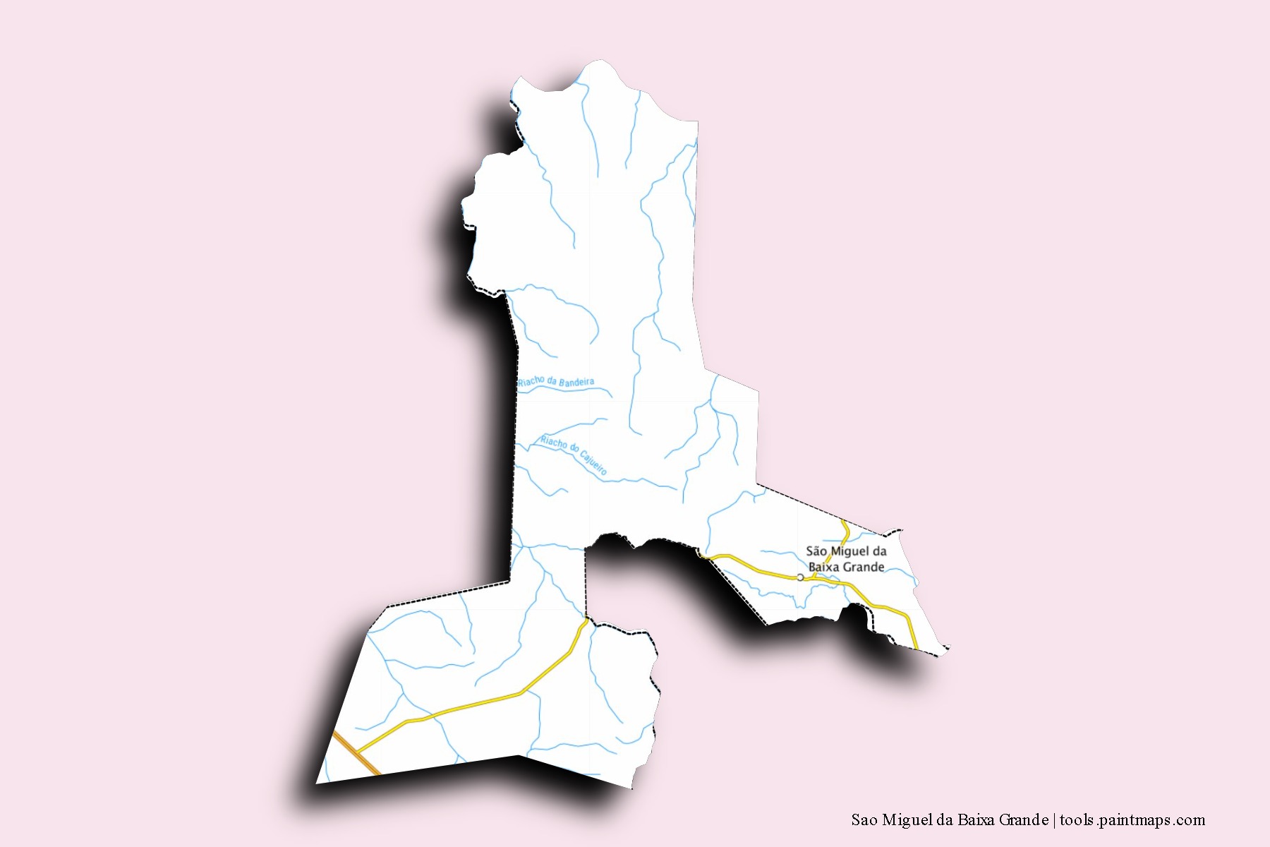 Mapa de barrios y pueblos de Sao Miguel da Baixa Grande con efecto de sombra 3D