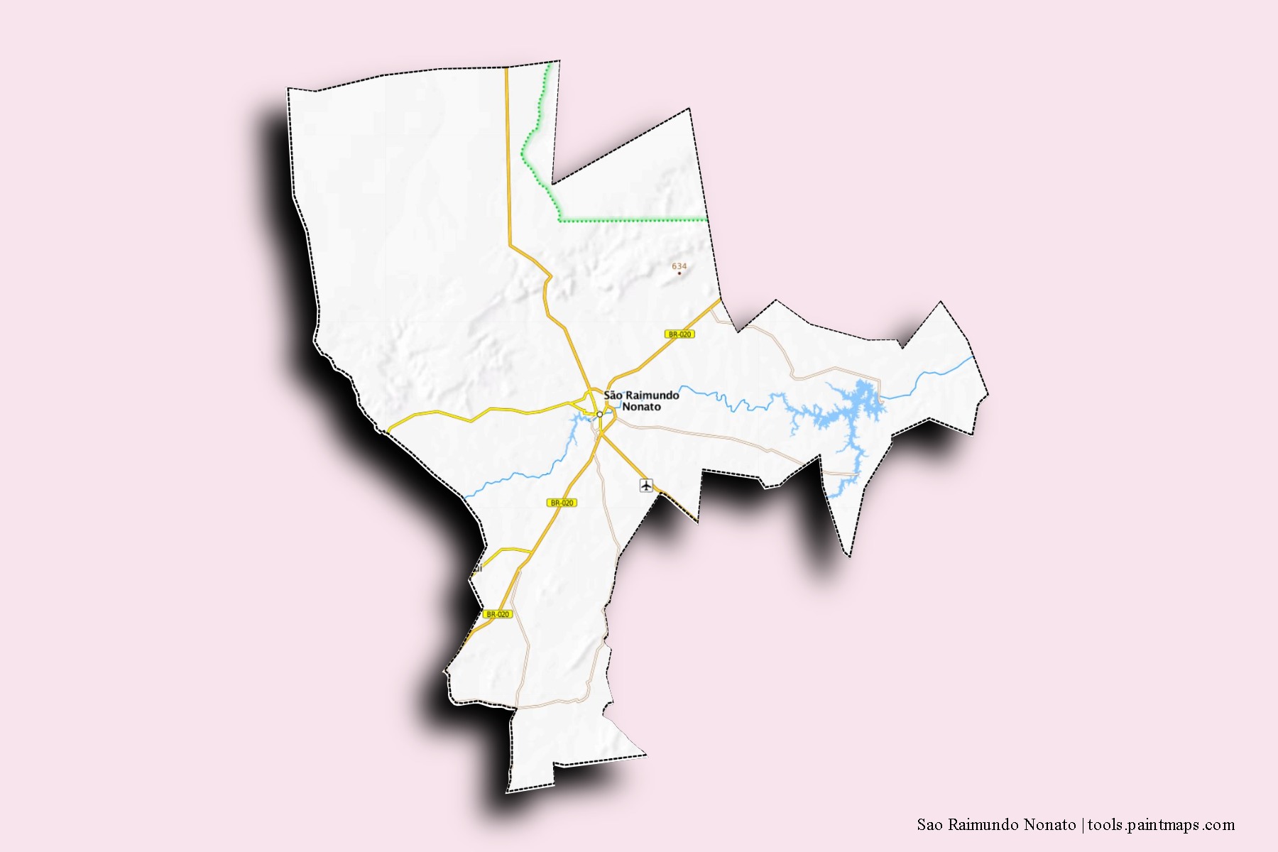 Mapa de barrios y pueblos de Sao Raimundo Nonato con efecto de sombra 3D