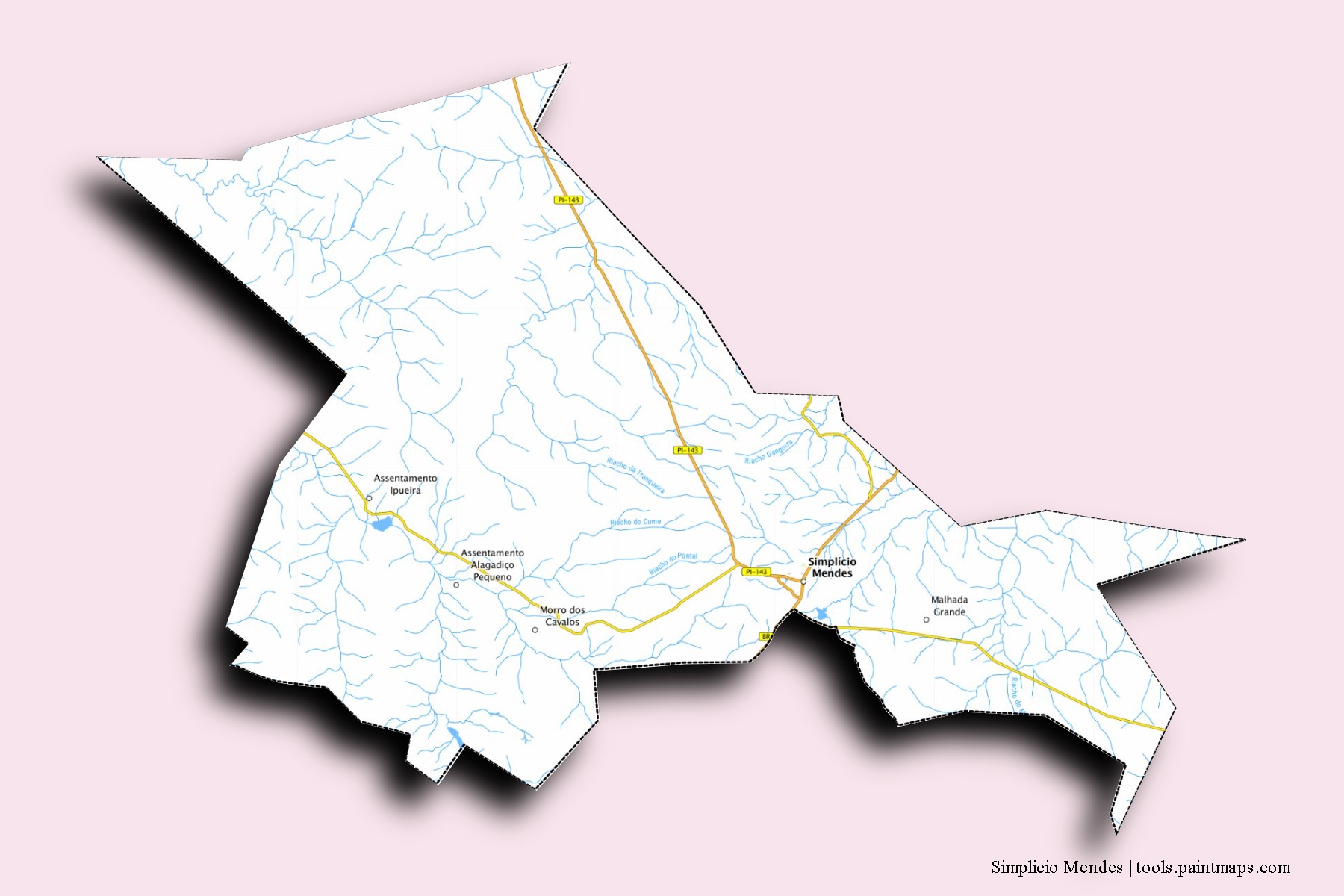 Simplicio Mendes neighborhoods and villages map with 3D shadow effect