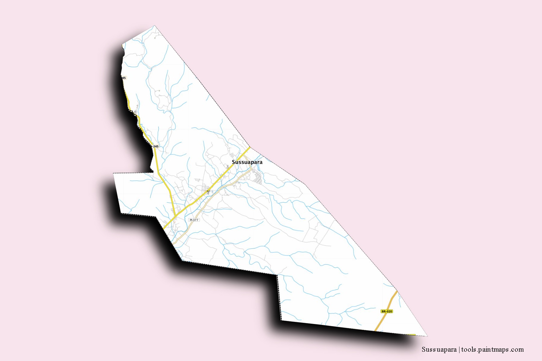 Mapa de barrios y pueblos de Sussuapara con efecto de sombra 3D