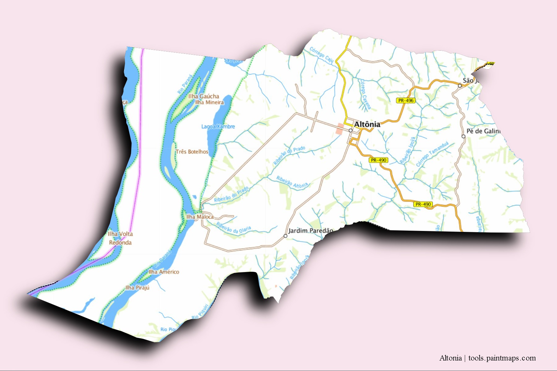 Mapa de barrios y pueblos de Altonia con efecto de sombra 3D