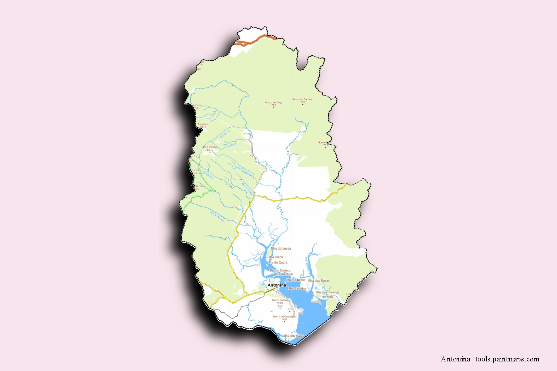 Mapa de barrios y pueblos de Antonina con efecto de sombra 3D