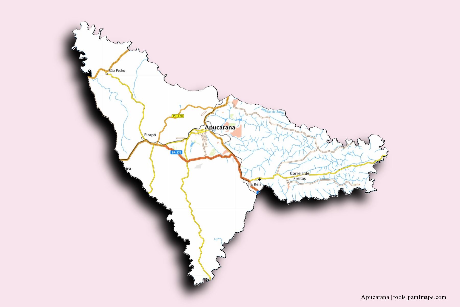 Apucarana neighborhoods and villages map with 3D shadow effect